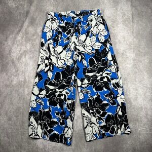 77 Park Blue Floral Wide Leg Pants Size S Botanical Print Crepe Cropped Trousers
